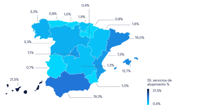 Mapa de ocupados en el segmento de Servicios de alojamiento, Canarias lidera con el 21,5% del total de ocupados en el país. Le siguen Andalucía con el 19,3%, Cataluña con el 16,0% y Baleares con el 12,7%, siendo las comunidades autónomas que concentran la mayor parte del empleo.